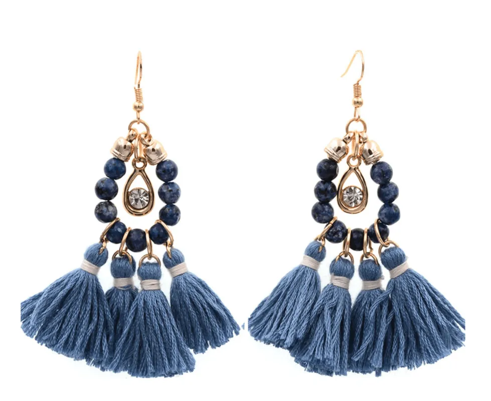 Blue Beaded And Multi Tassel Drop Earrings sold by Zulily