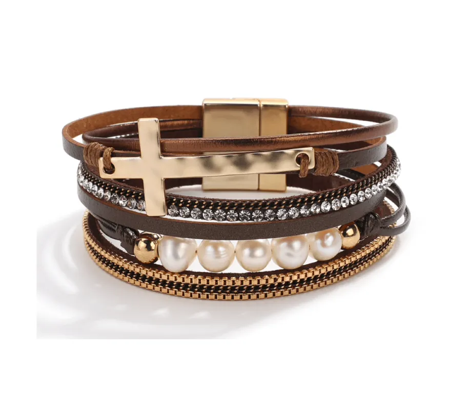 Brown Goldtone Cross Faux Leather Bracelet with Freshwater Pearls sold by Zulily