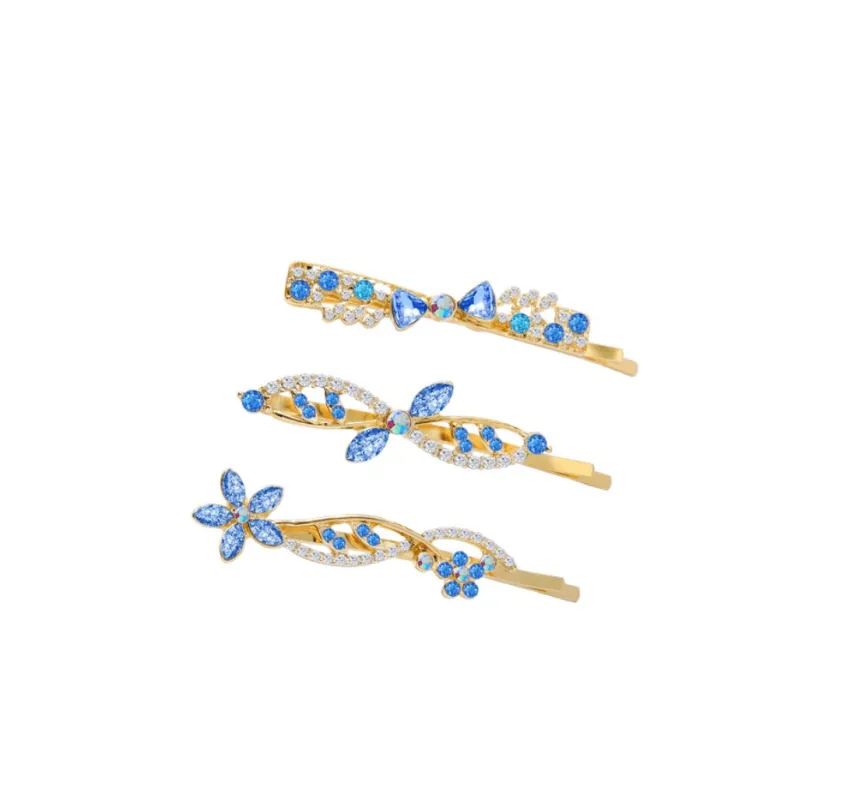 Goldtone Blue Floral Crystal Hair Pins - Set Of 3 sold by Zulily