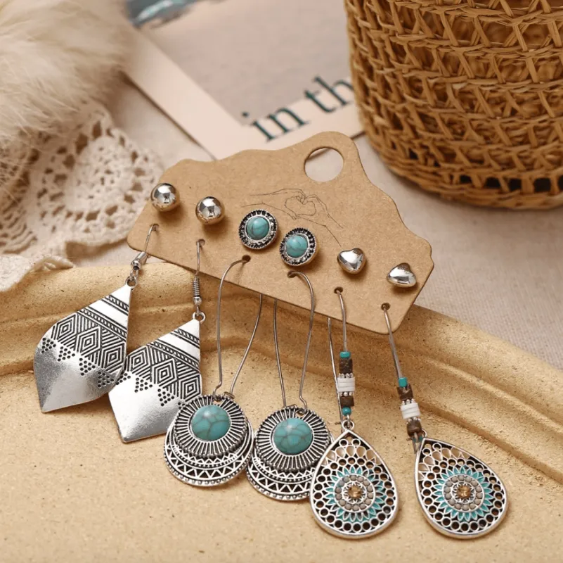 Silvertone And Turquoise Stud And Drop Earring Set (6) sold by Zulily