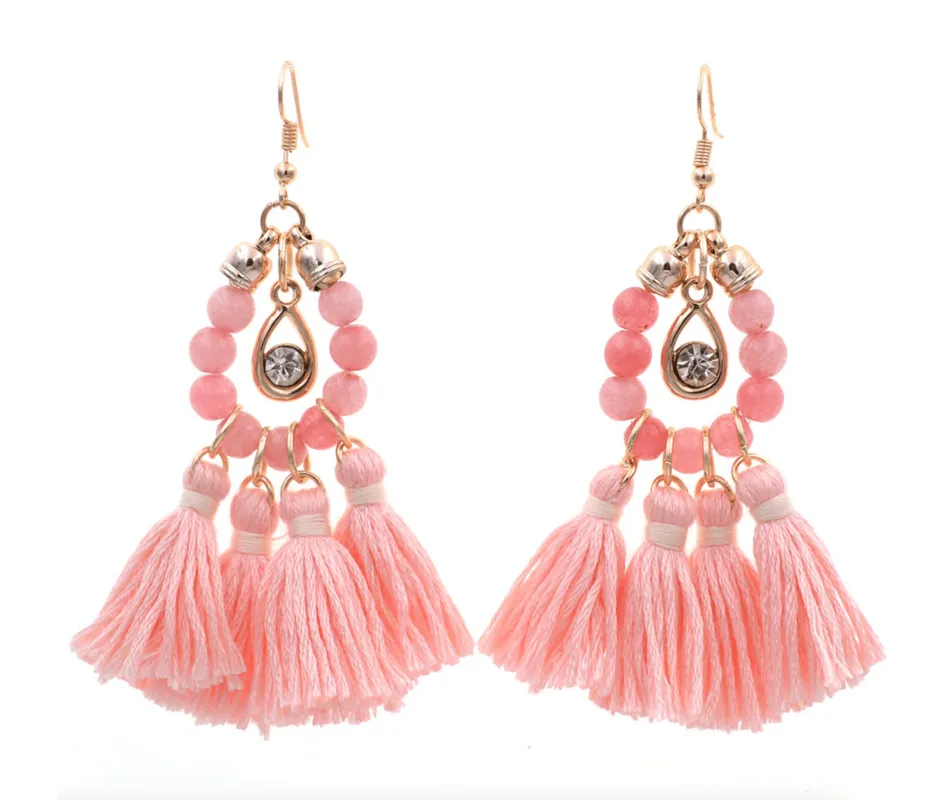 Pink Beaded And Multi Tassel Drop Earrings sold by Zulily