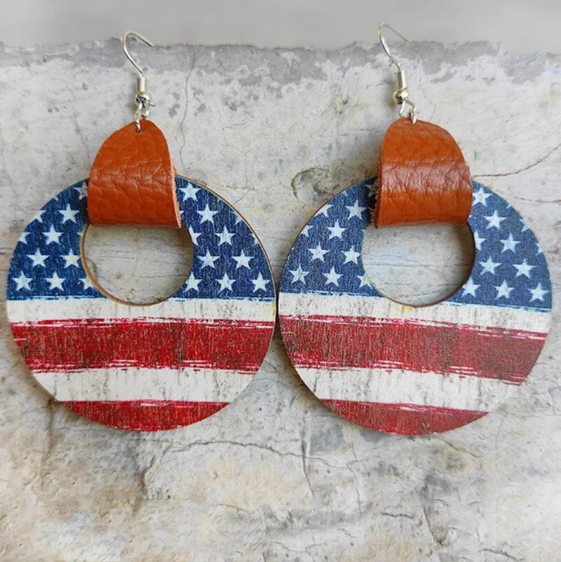 Red White Blue Stars & Stripes - Faux Leather Strap & Patterned Circular Drop Earrings sold by Zulily