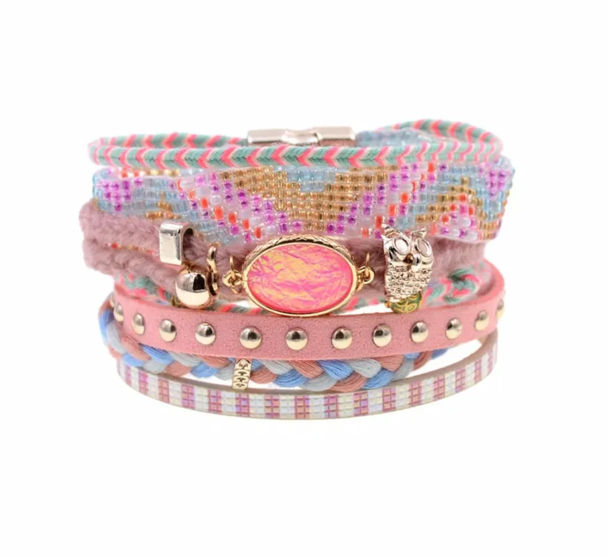 Pink Goldtone Beaded Braided Multi-strand Bracelet sold by Zulily