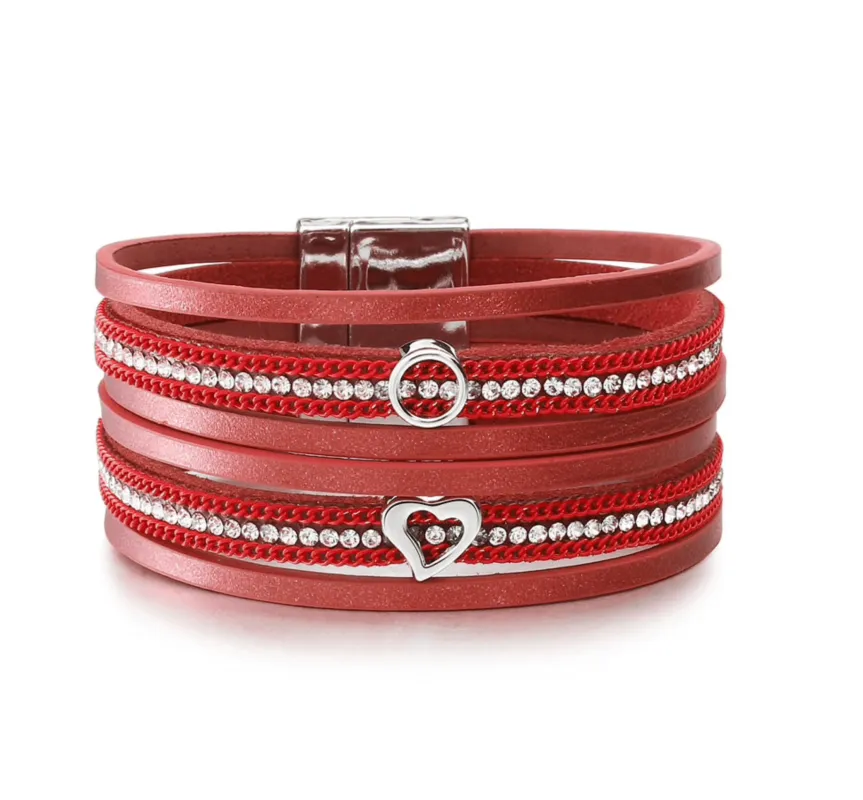 Red Silvertone Heart Faux Leather Bracelet sold by Zulily