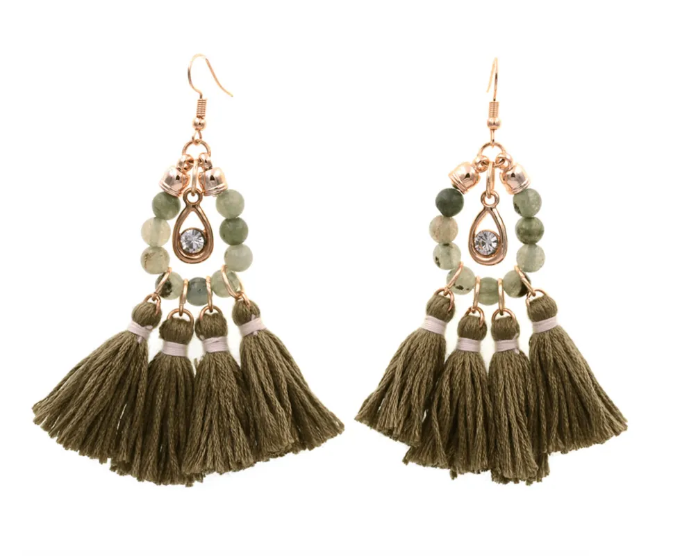 Olive Green Beaded And Multi Tassel Drop Earrings sold by Zulily