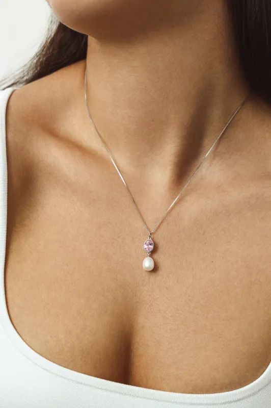 Sterling Silver & Pink Oval CZ Necklace with White Freshwater Pearl - Signature Pearls sold by Zulily