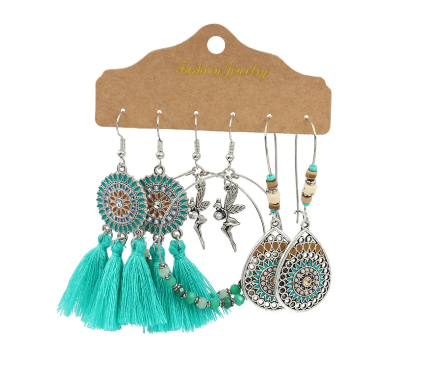 Set Of 3 Turquoise Tasseled Beaded Earrings sold by Zulily