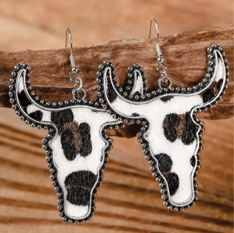 Silvertone Cow Print Longhorn Drop Earrings sold by Zulily
