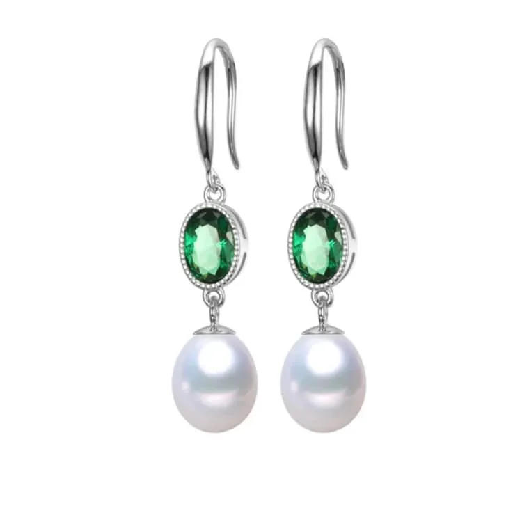 White Freshwater Pearl Drop Earrings With Emerald Oval Cubic Zirconia sold by Zulily