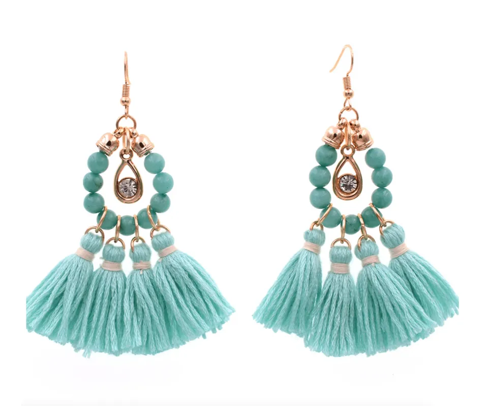 Turquoise Beaded And Multi Tassel Drop Earrings sold by Zulily