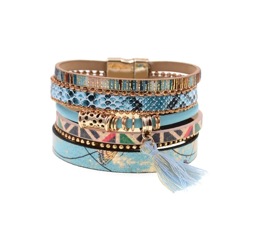 Turquoise & Goldtone Multi-Patterned Faux Leather Bracelet with Tassel sold by Zulily