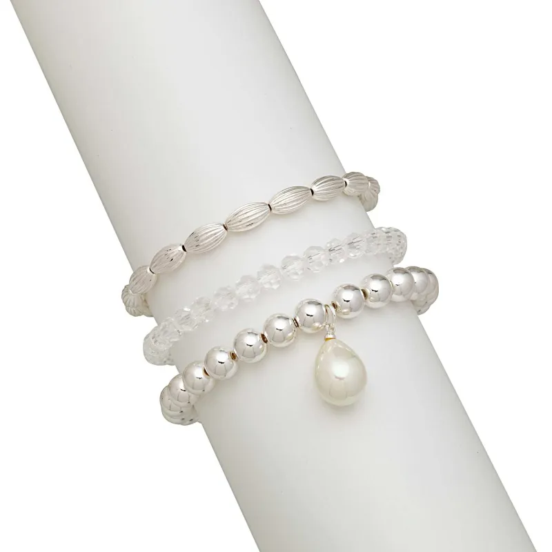 Silvertone Clear Beaded Stretch Bracelets With Imitation Pearls sold by Zulily
