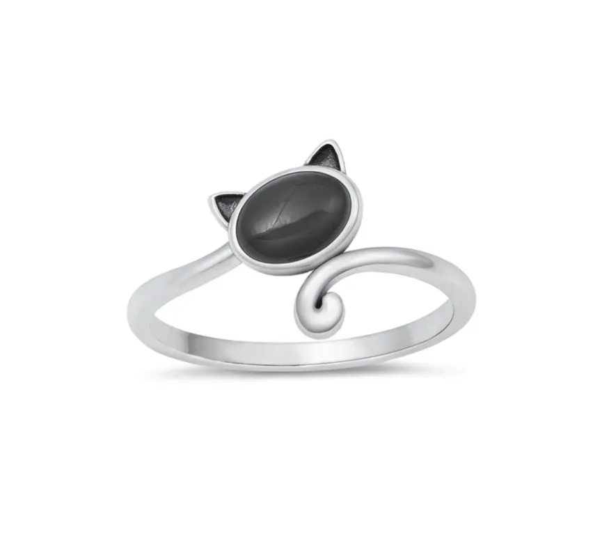 Natural Black Agate and Sterling Silver Cat Ring sold by Zulily