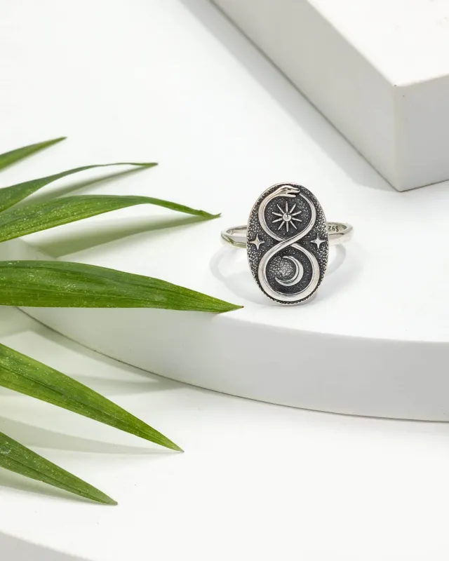Sterling Silver Oxidized Snake Moon & Sun Statement Ring sold by Zulily