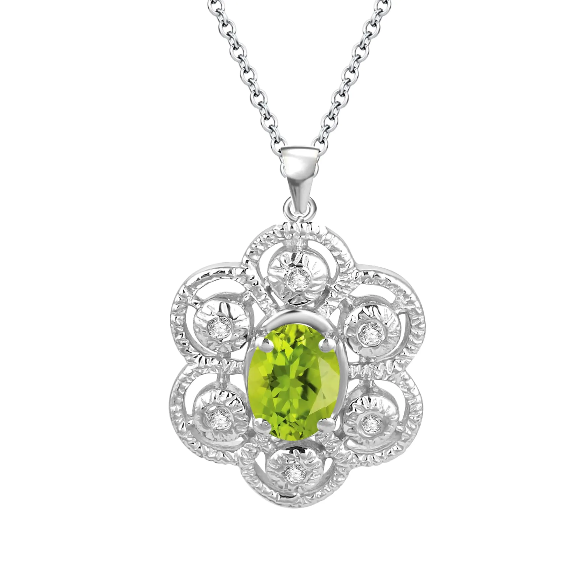 Sterling Silver Natural Peridot and White Topaz Floral Pendant with 18" Cable Chain sold by Zulily