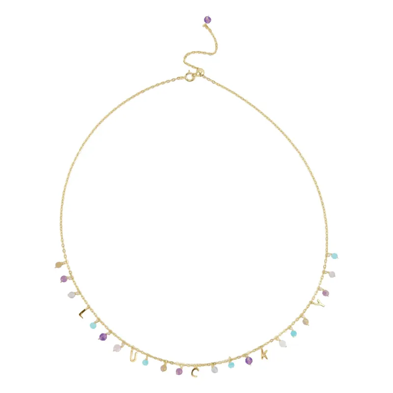 Gold Over Sterling Silver Natural Amazonite, Labradorite, Red Tourmaline, Orange Moonstone, Pink Opal and Amethyst Lucky Necklace 18" sold by Zulily