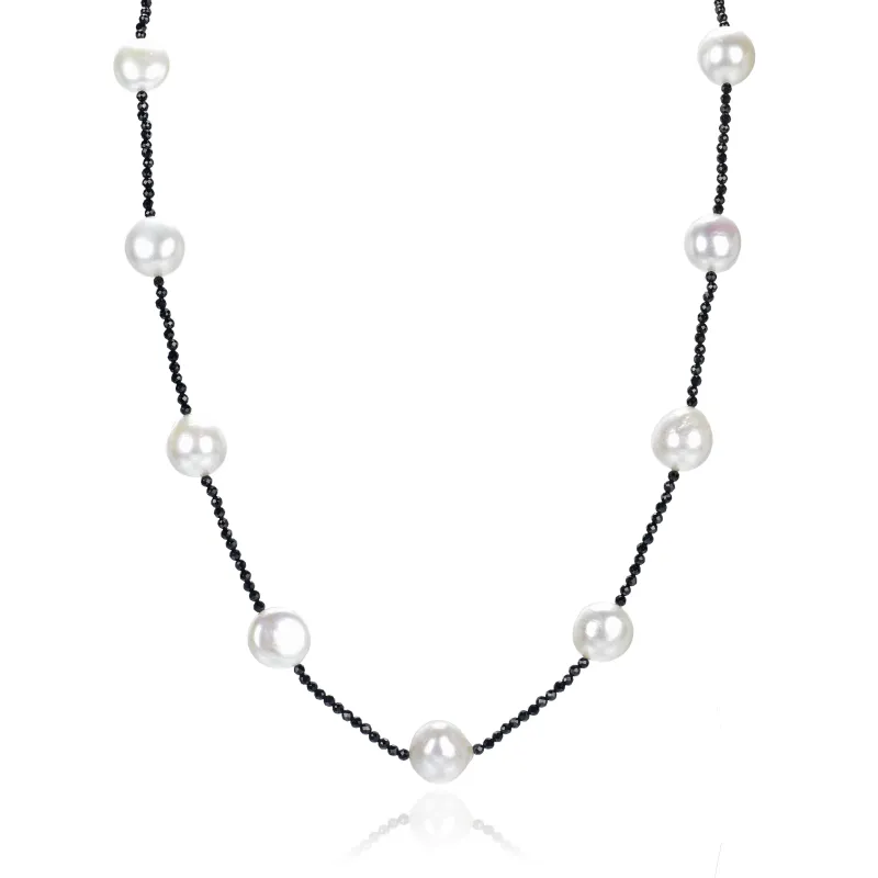 Freshwater Pearl and Black Spinel Beaded Station Necklace sold by Zulily