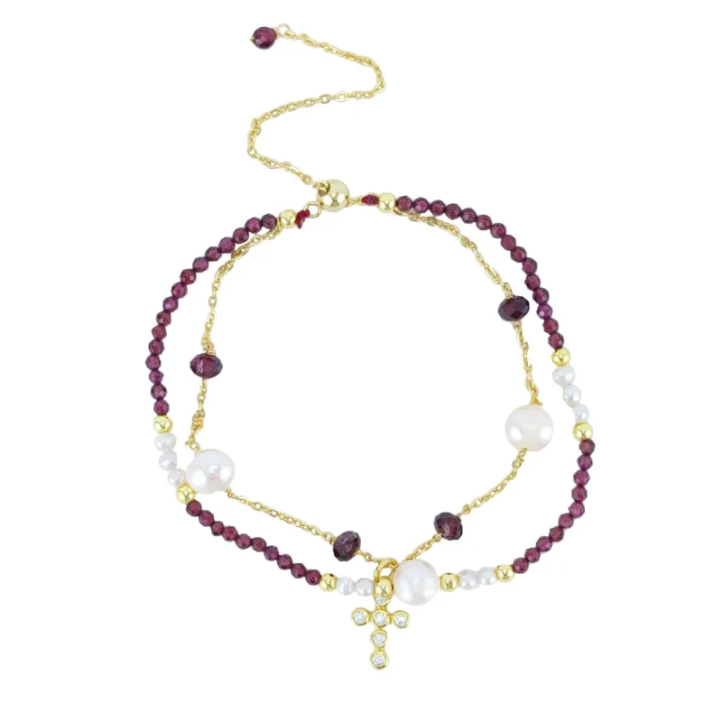 Gold Over Sterling Silver Freshwater Pearl and Garnet Adjustable Bracelet - Cross sold by Zulily