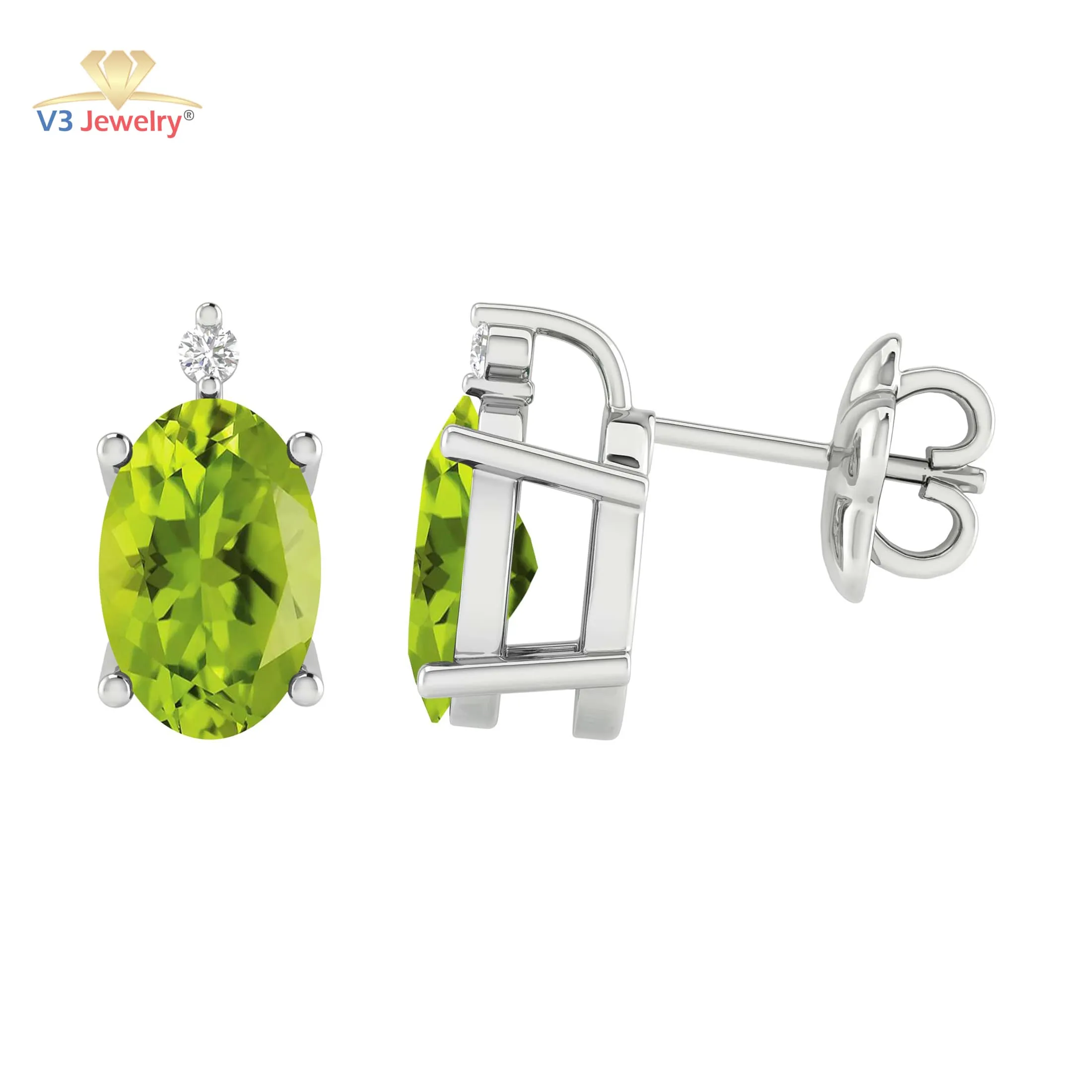 V3 Jewelry 1CT Natural Peridot and White Diamond Sterling Silver Oval Stud Earrings sold by Zulily