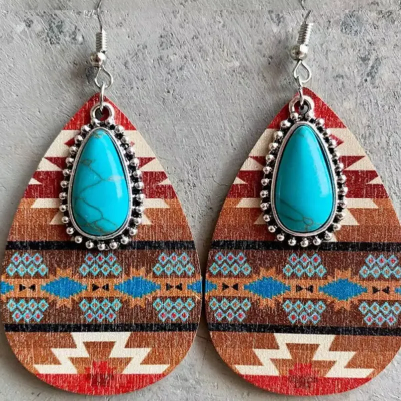 Brown Aztec and Multi Colored Patterned & Turquoise Teardrop Drop Earrings sold by Zulily