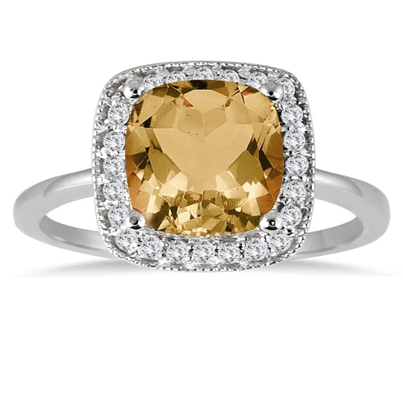 1 1/4 Carat Cushion Cut Citrine and Diamond Ring in 14K White Gold sold by Zulily