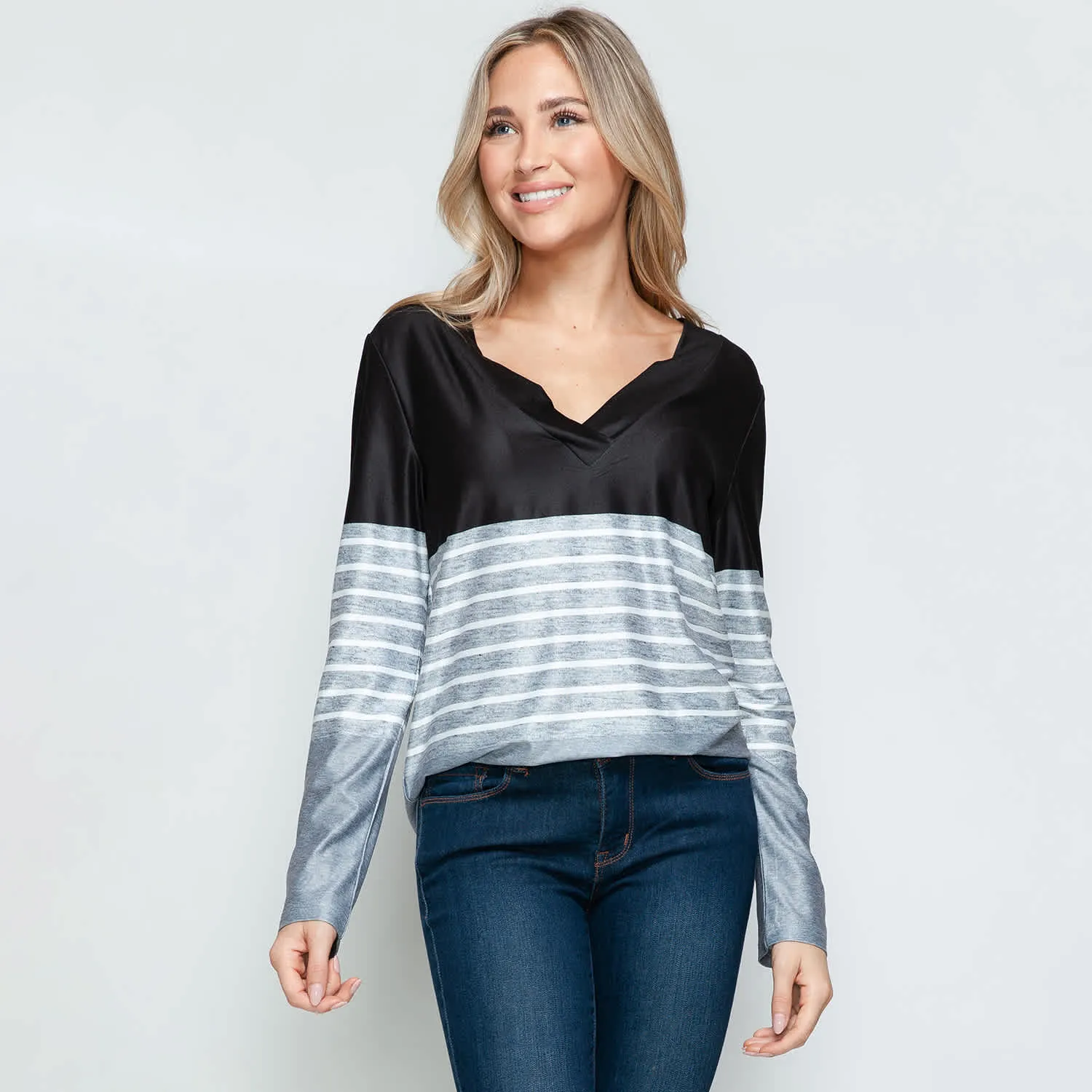 Black & Grey Stripe Print V-Neck Long Sleeve T-Shirt sold by Zulily product image thumbnail 4