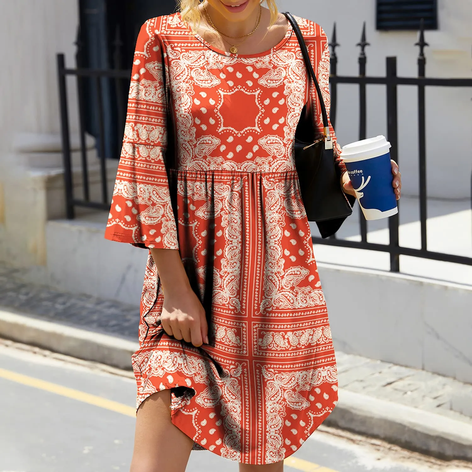 Orange Paisley Print Round Neck Three-Quarter Sleeve Dress sold by Zulily