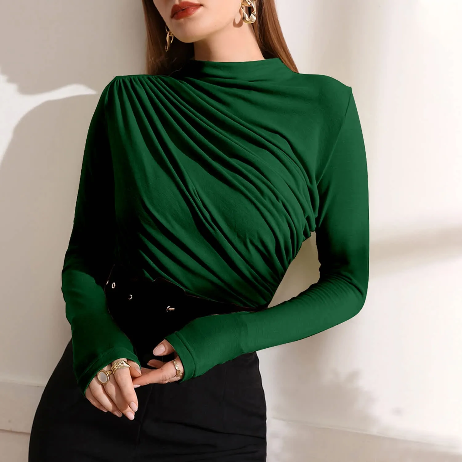 Green Ruched Mock Neck Long Sleeve T-Shirt sold by Zulily