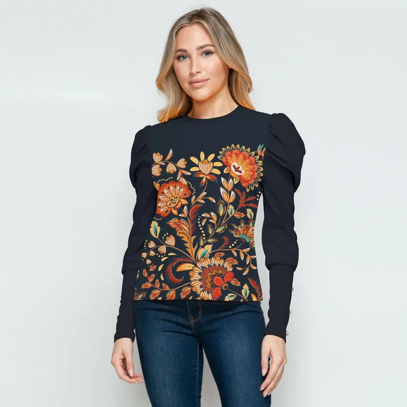Dark Blue Floral Print Puff Sleeve Long Sleeve T-Shirt sold by Zulily