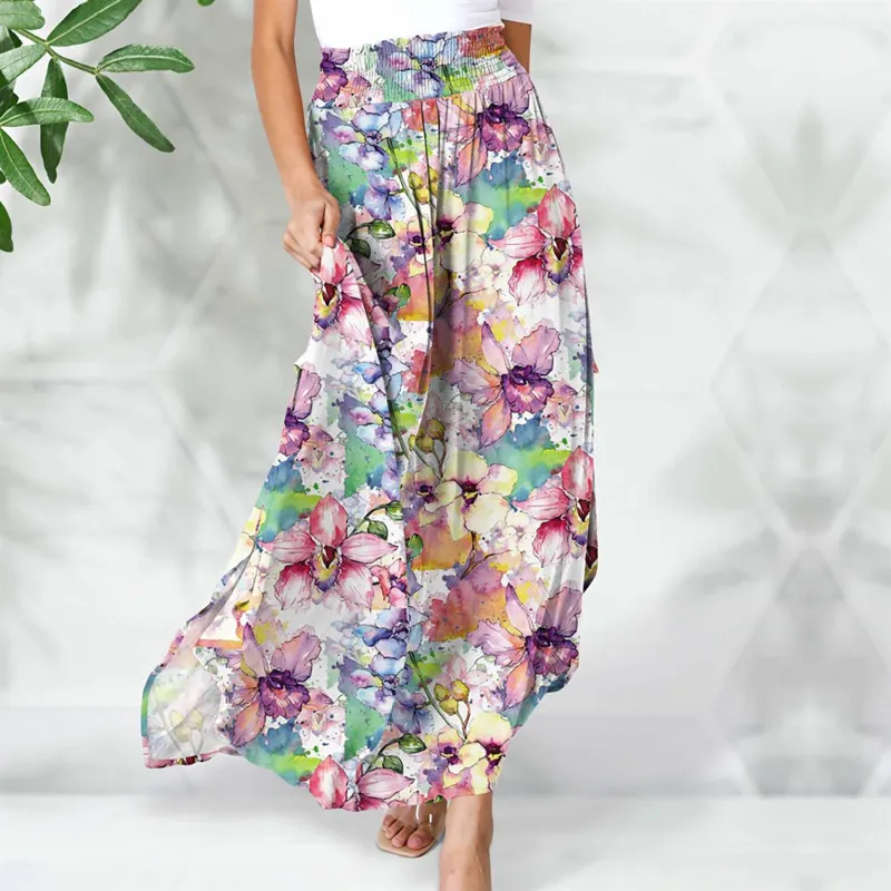 Multi Color Floral Print Smocked Elastic Waist Maxi Skirt sold by Zulily