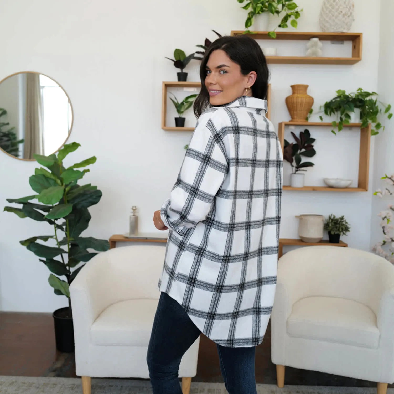 White Plaid Collared Neck Long Sleeve Shacket sold by Zulily product image thumbnail 2