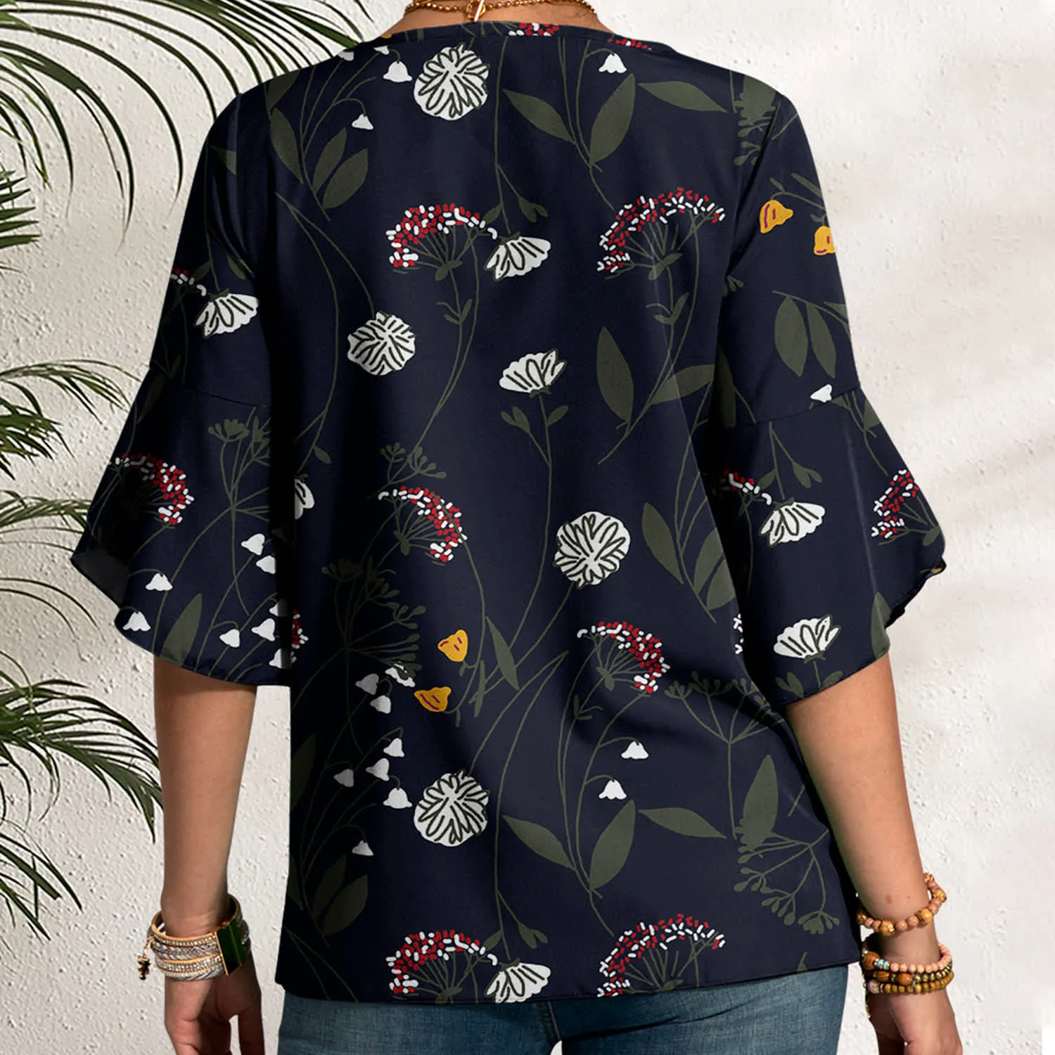Dark Blue Floral Leaf Print Round Neck Tulip-Sleeve Top sold by Zulily product image thumbnail 2