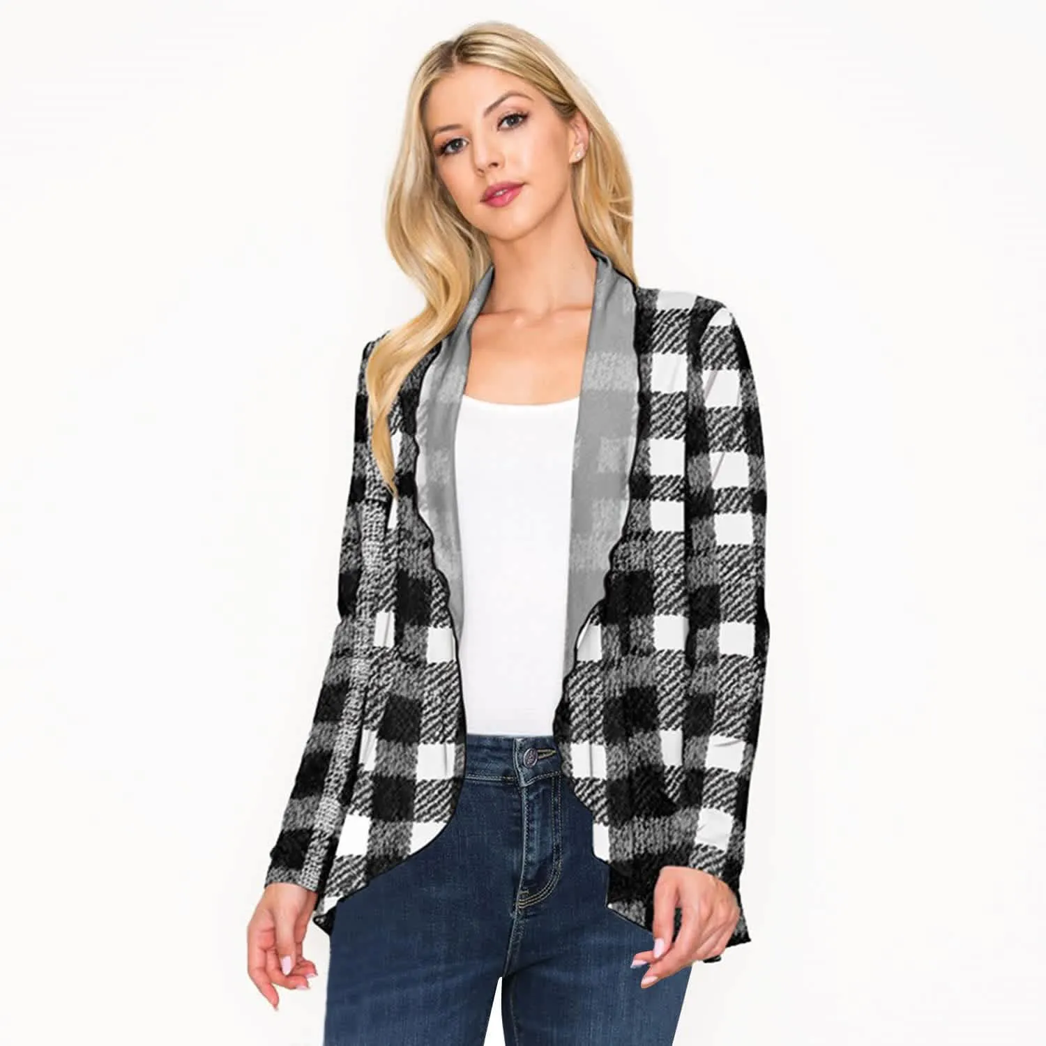Black & White Plaid Print Open Front Long Sleeve Cardigan sold by Zulily