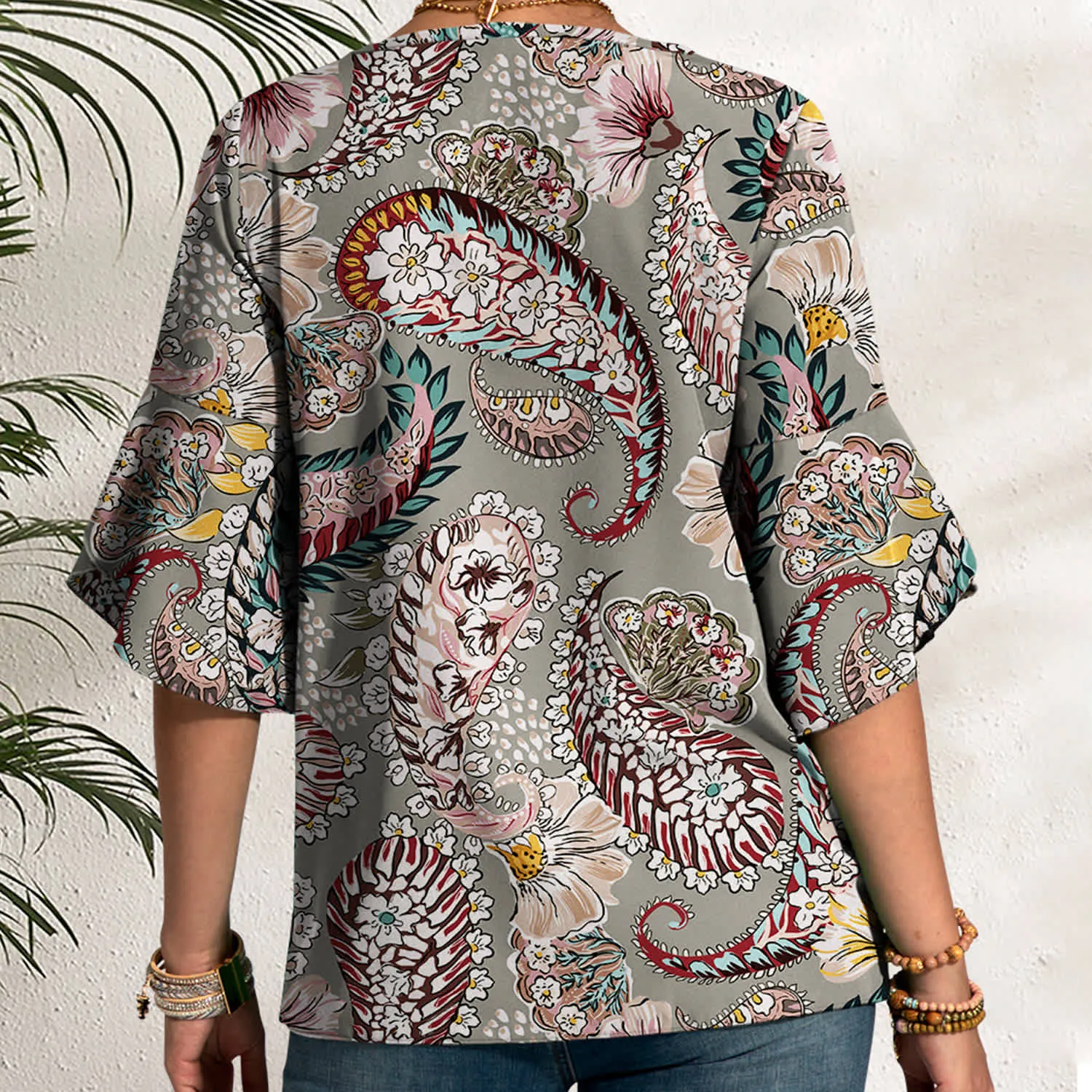 Grey Floral Paisley Print Round Neck Tulip-Sleeve Top sold by Zulily product image thumbnail 2