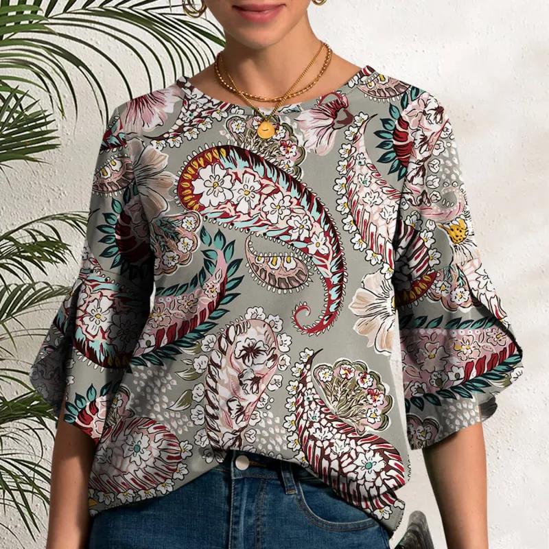 Grey Floral Paisley Print Round Neck Tulip-Sleeve Top sold by Zulily