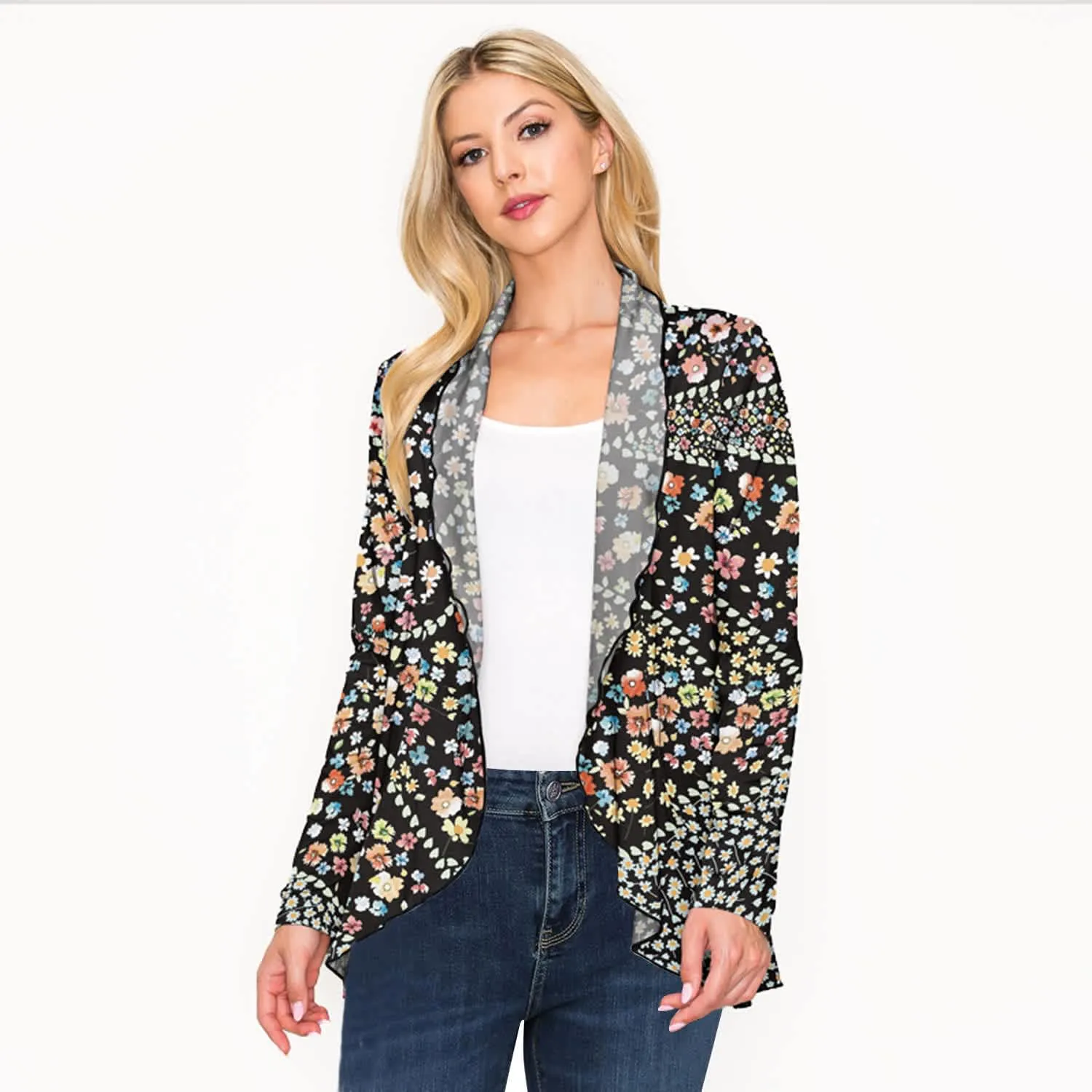 Black Floral Print Open Front Long Sleeve Cardigan sold by Zulily