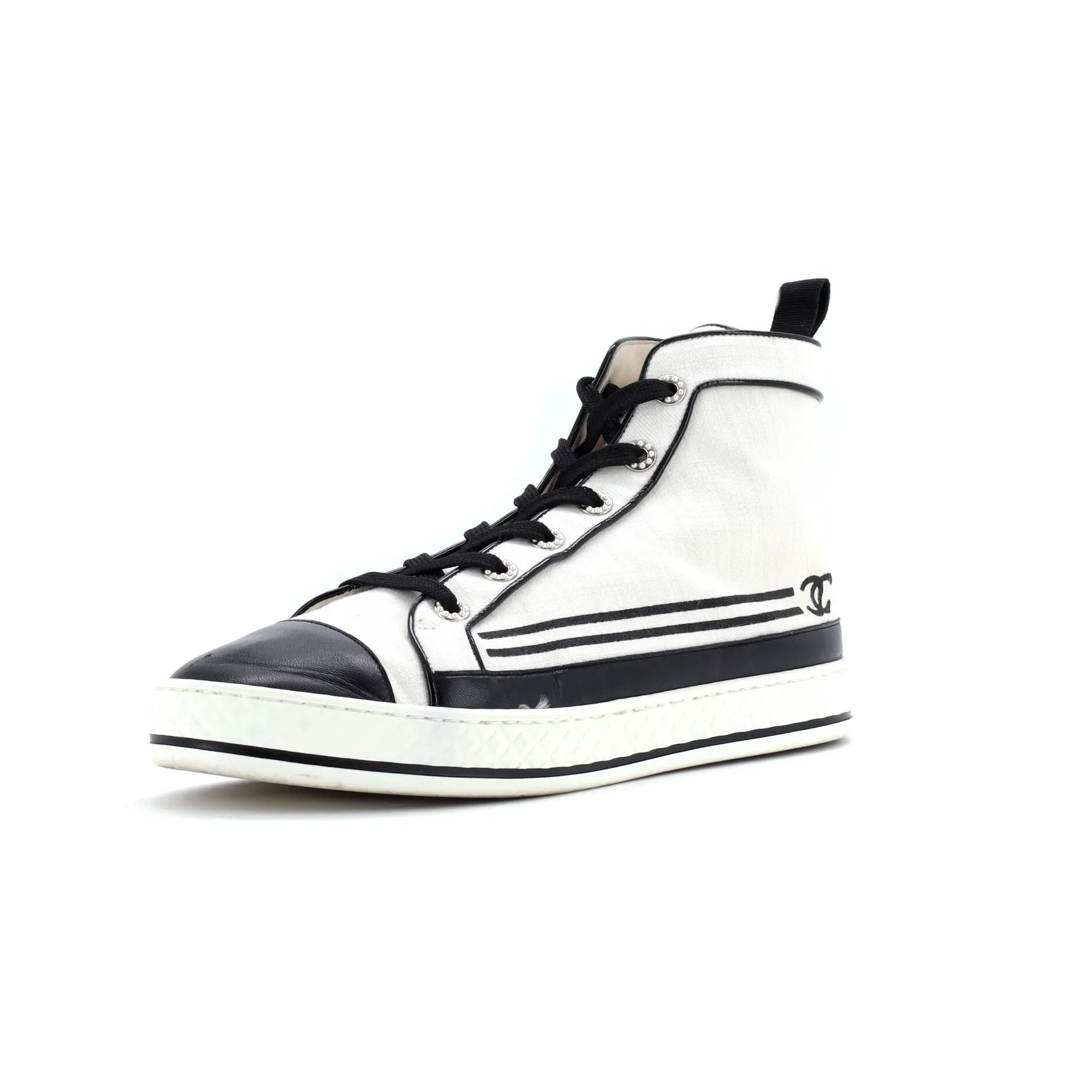 Pre-Loved Chanel Women's CC Cap Toe High-Top Sneakers Canvas and Leather sold by Zulily