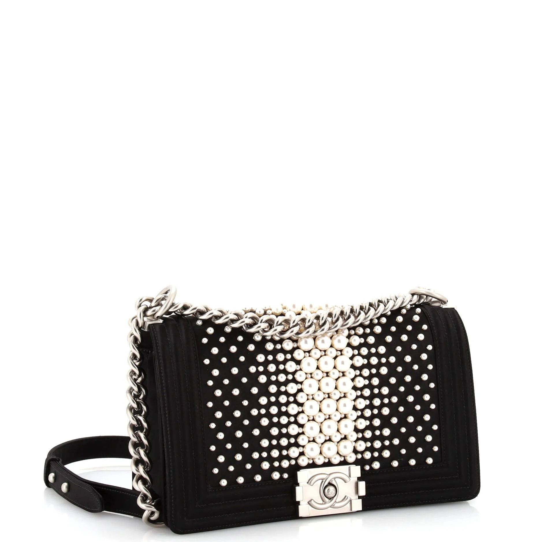 Pre-Loved Chanel Boy Flap Bag Pearl Embellished Satin Old Medium sold by Zulily product image thumbnail 3