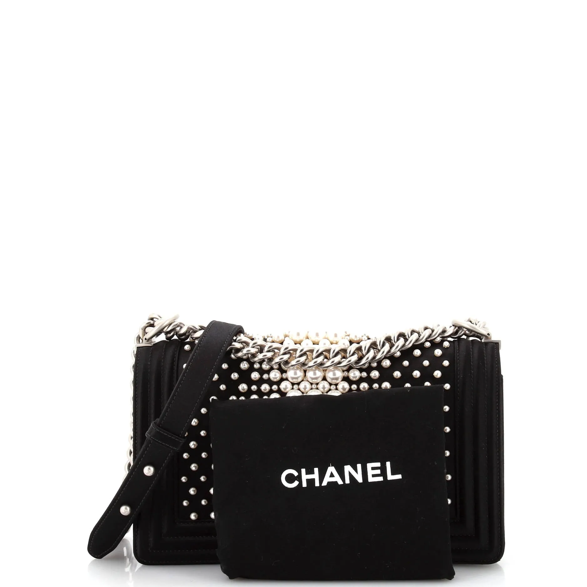 Pre-Loved Chanel Boy Flap Bag Pearl Embellished Satin Old Medium sold by Zulily product image thumbnail 2