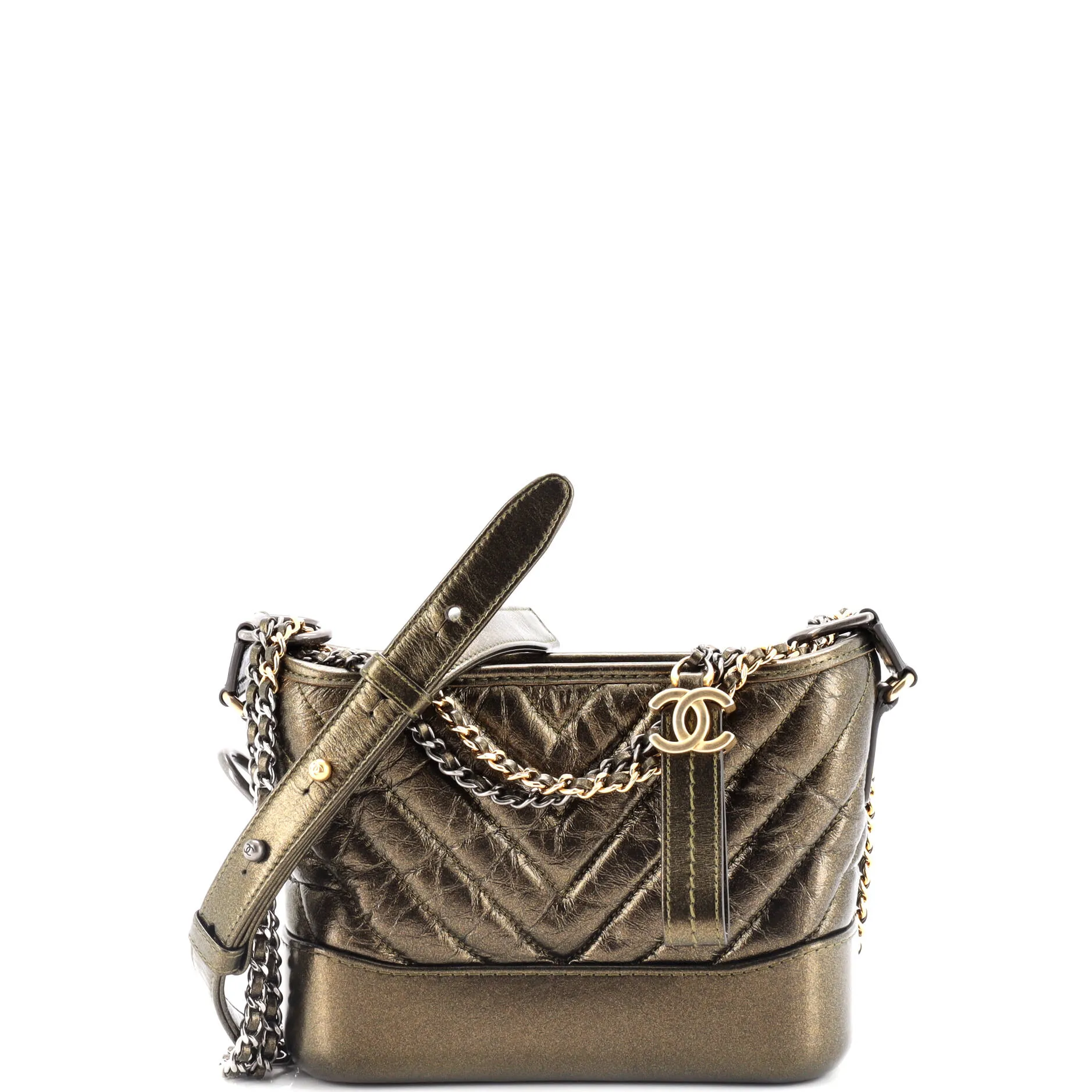 Pre-Loved Chanel Gabrielle Hobo Chevron Metallic Aged Calfskin Small sold by Zulily