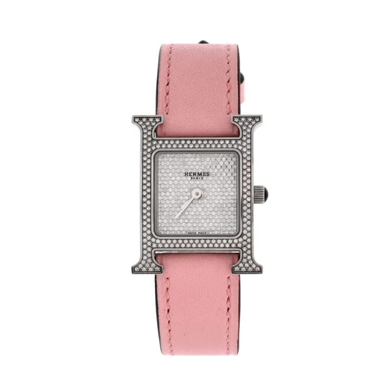 Pre-Loved Hermes Heure H Quartz Watch Stainless Steel and Leather with Diamond Bezel and Pave Dial 21 sold by Zulily