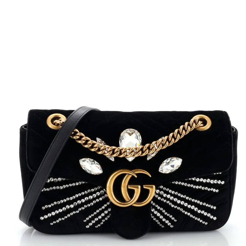 Pre-Loved Gucci GG Marmont Flap Bag Crystal Embellished Matelasse Velvet Medium sold by Zulily