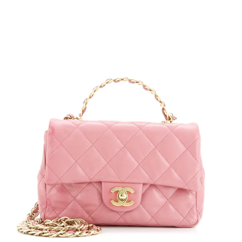 Pre-Loved Chanel Golden Links Top Handle Flap Bag Quilted Shiny Lambskin Small sold by Zulily