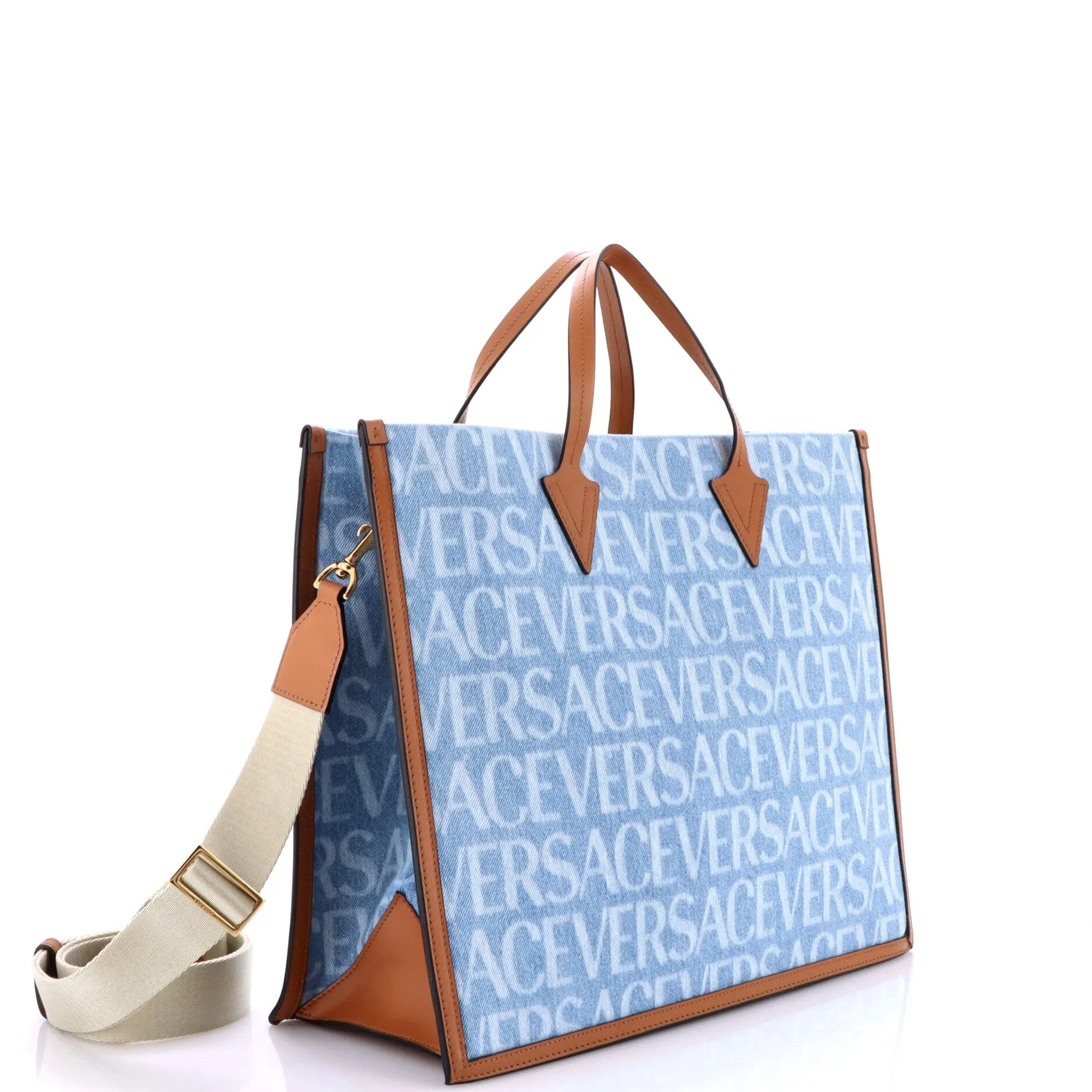 Pre-Loved Versace Allover Logo Convertible Tote Printed Denim with Leather Large sold by Zulily product image thumbnail 2