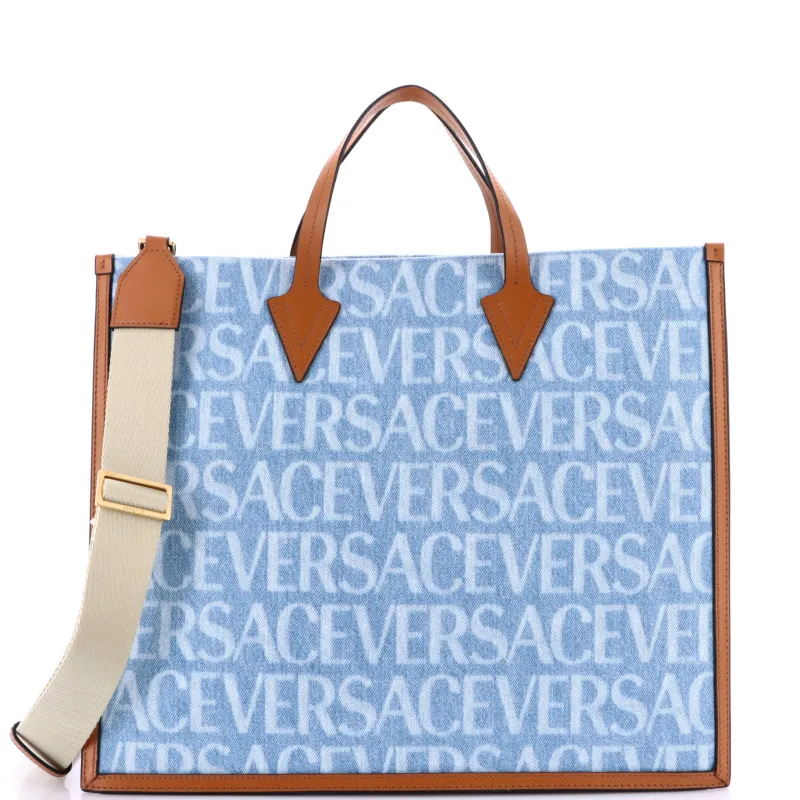 Pre-Loved Versace Allover Logo Convertible Tote Printed Denim with Leather Large sold by Zulily