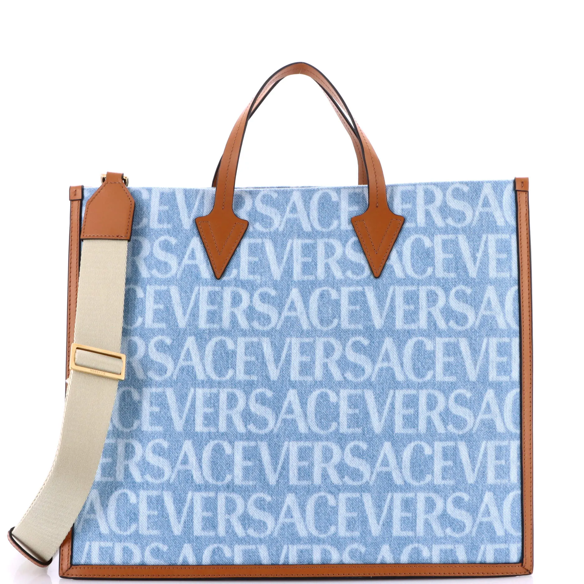 Pre-Loved Versace Allover Logo Convertible Tote Printed Denim with Leather Large sold by Zulily