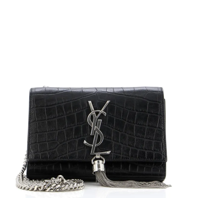 Pre-Loved Saint Laurent Classic Monogram Tassel Crossbody Bag Crocodile Embossed Leather Small sold by Zulily