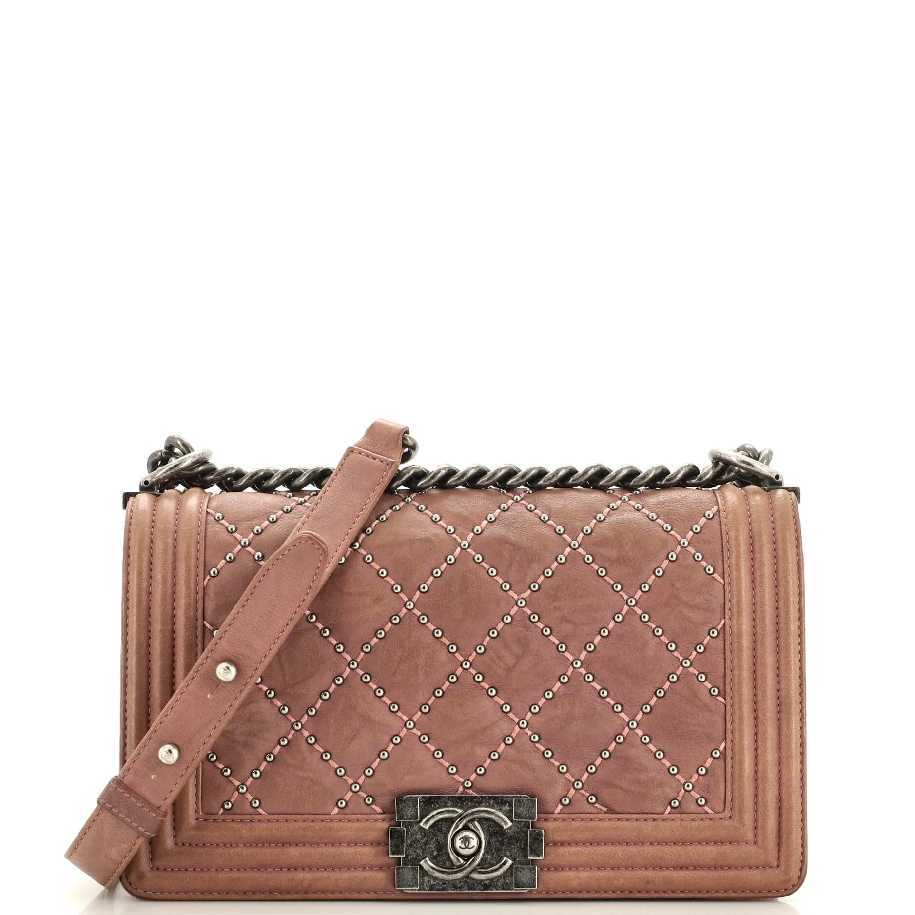 Pre-Loved Chanel Boy Flap Bag Studded Quilted Distressed Calfskin Old Medium sold by Zulily