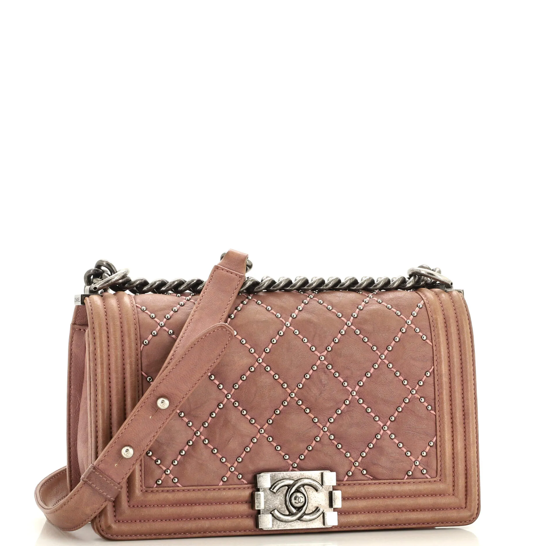 Pre-Loved Chanel Boy Flap Bag Studded Quilted Distressed Calfskin Old Medium sold by Zulily product image thumbnail 3