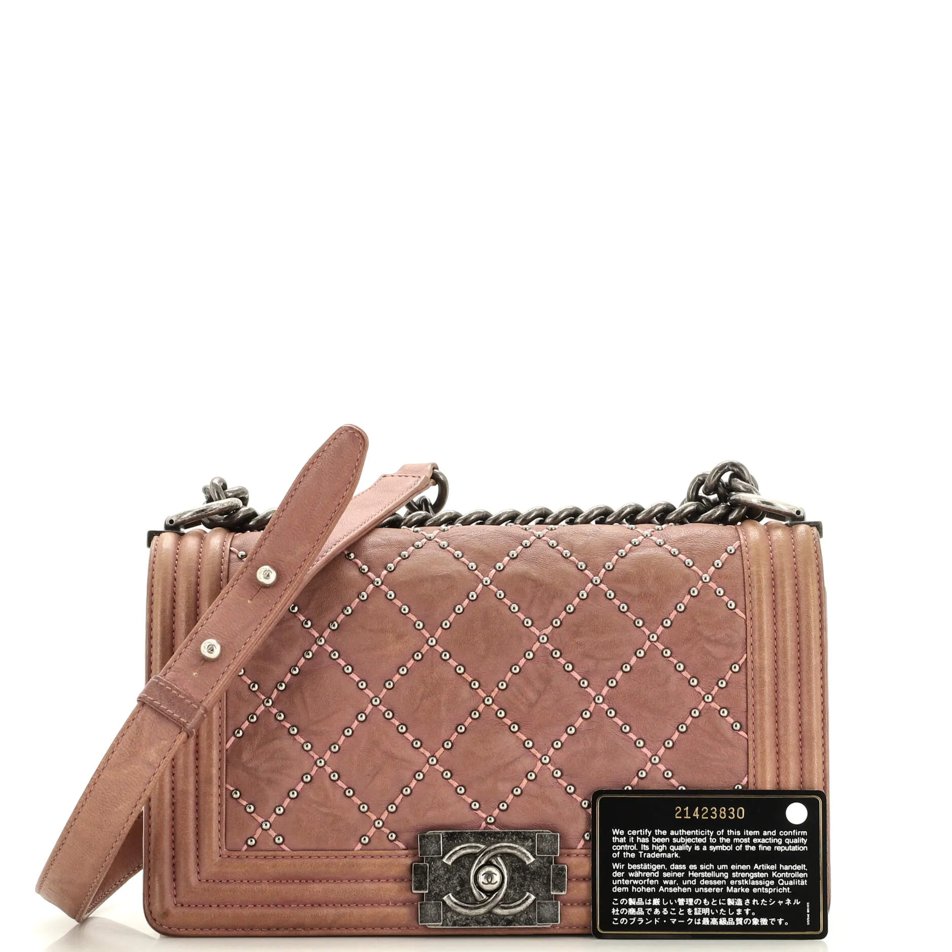 Pre-Loved Chanel Boy Flap Bag Studded Quilted Distressed Calfskin Old Medium sold by Zulily product image thumbnail 2